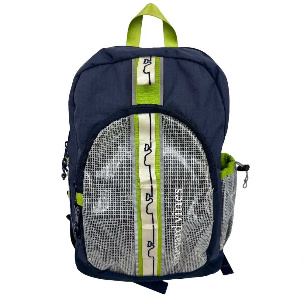 Vineyard Vines Navy Blue Lime Green Whale Logo Mesh Pocket Backpack RN 134578